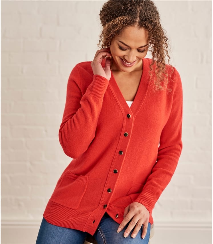 Rich Coral | Womens Lambswool V Neck Cardigan | WoolOvers UK