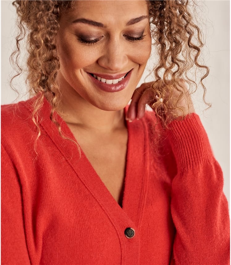 Rich Coral | Womens Lambswool V Neck Cardigan | WoolOvers UK