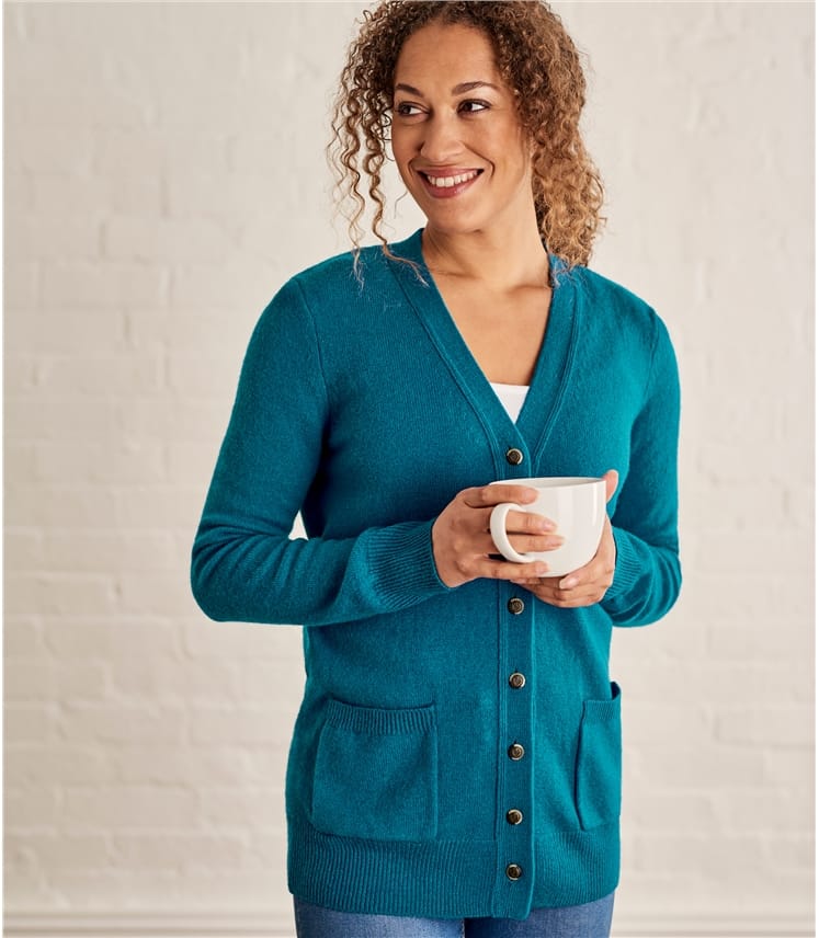 Teal | Womens Lambswool V Neck Cardigan | WoolOvers UK