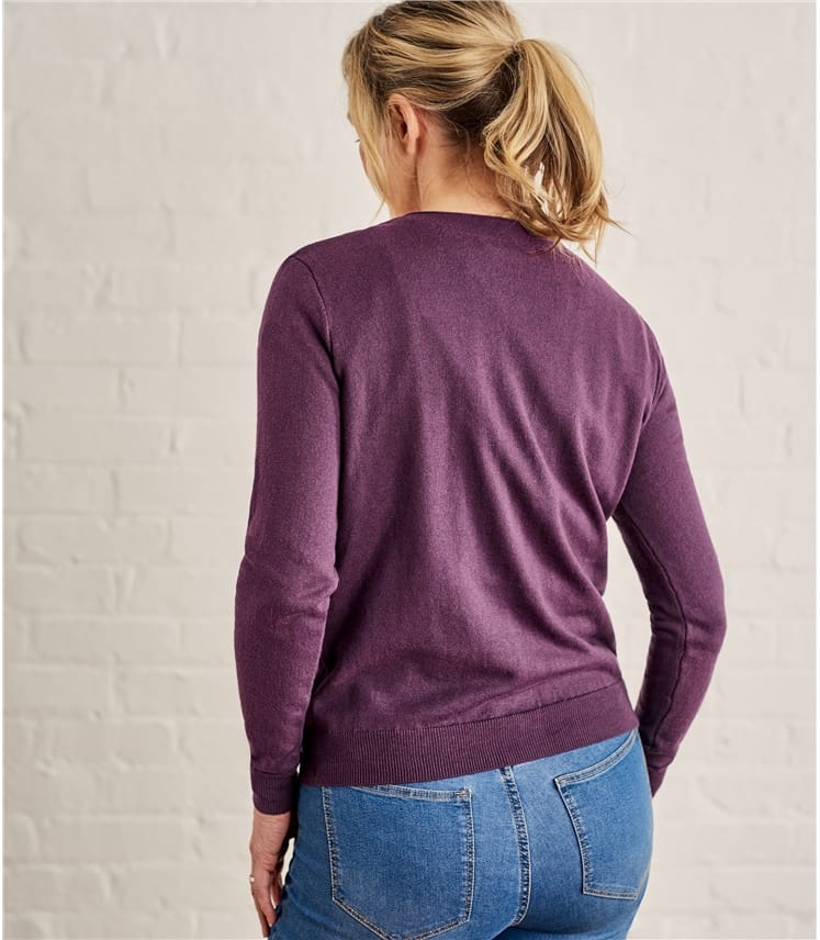 Aubergine Womens Silk & Cotton Soft Feel V Neck Cardigan WoolOvers US
