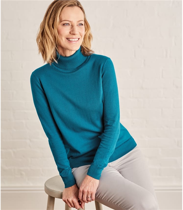 Teal | Womens Silk & Cotton Polo Neck Jumper | WoolOvers UK