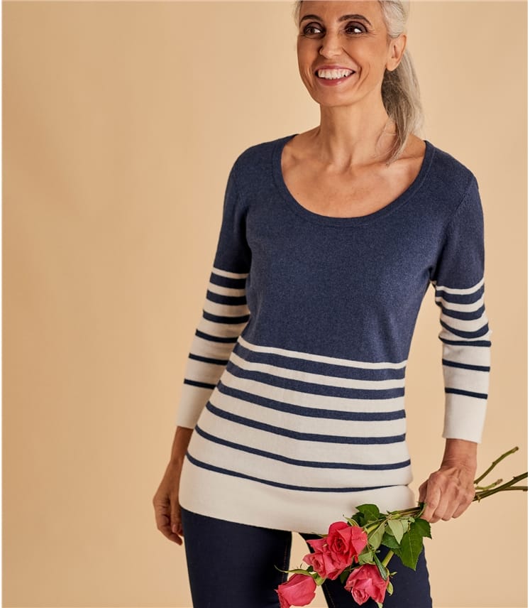 Navy/Cream Womens Wool Blend Fitted Scoop Neck Jumper WoolOvers UK