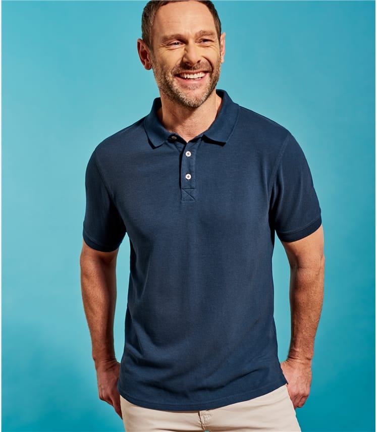 Deep Sea Blue | Mens Washed Pique Polo Shirt | WoolOvers UK
