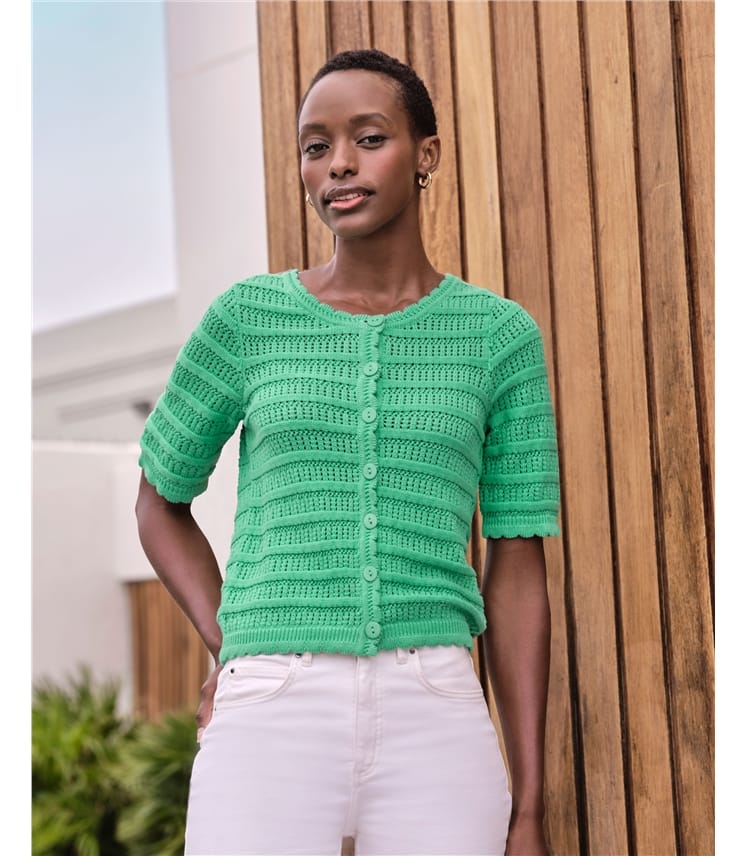 Cotton Short Sleeve Crochet Trim Cardigan