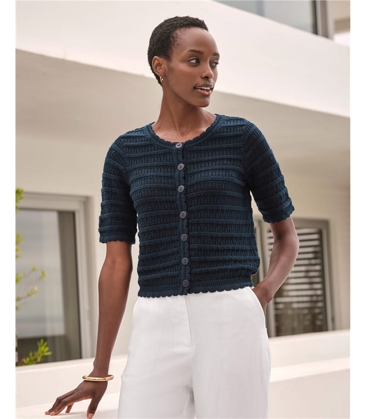 Cotton Short Sleeve Crochet Trim Cardigan