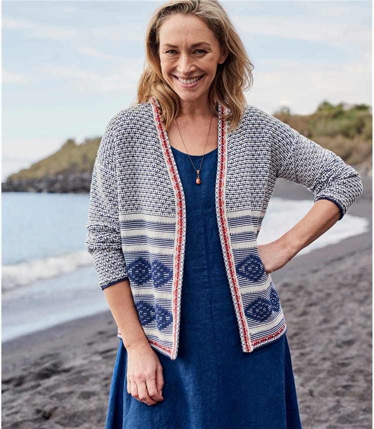 Navy/Cream/Coral Womens Cotton Aztec Edge to Edge Jacket WoolOvers UK