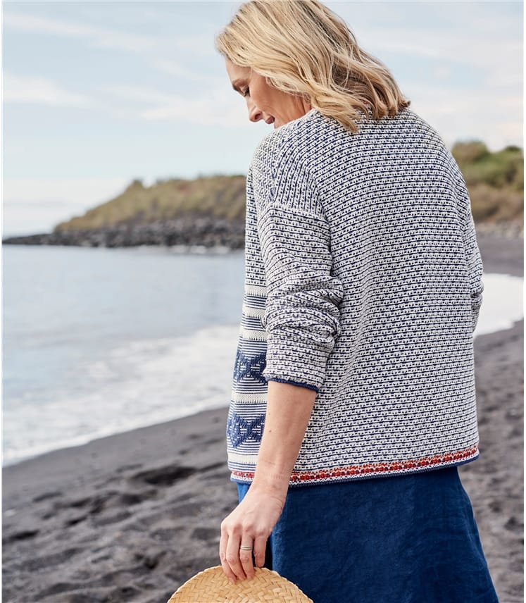 Navy/Cream/Coral Womens Cotton Aztec Edge to Edge Jacket WoolOvers UK