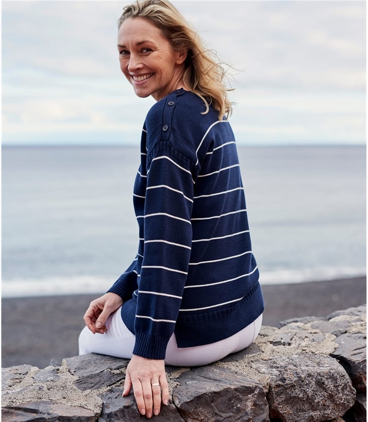 Navy/Cream Womens Cotton Stripe Guernsey Jumper WoolOvers AU