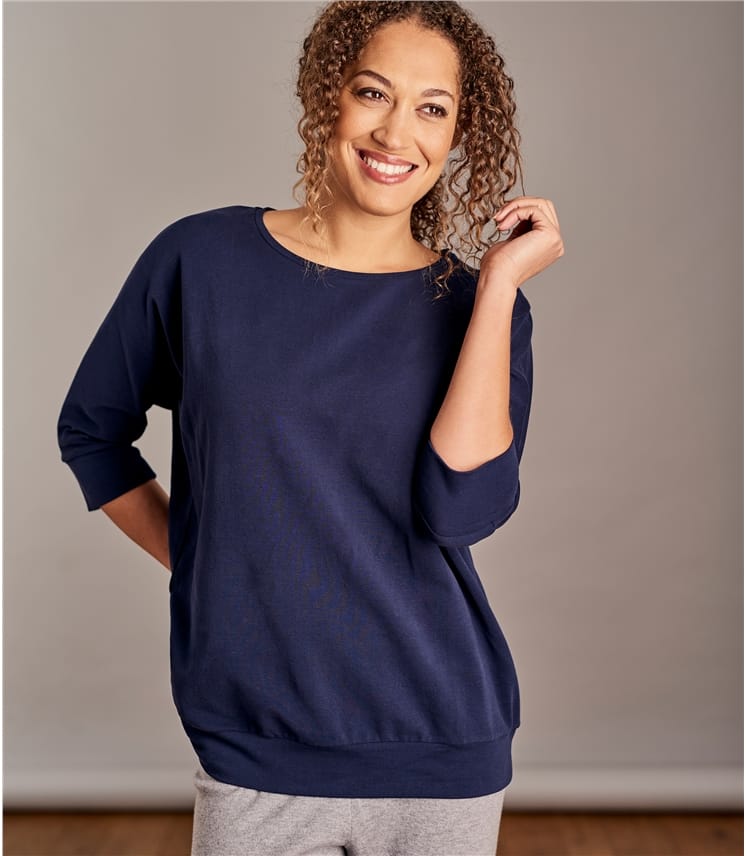 Navy Womens Oversized Super Soft 3/4 Sleeve Sweatshirt WoolOvers UK