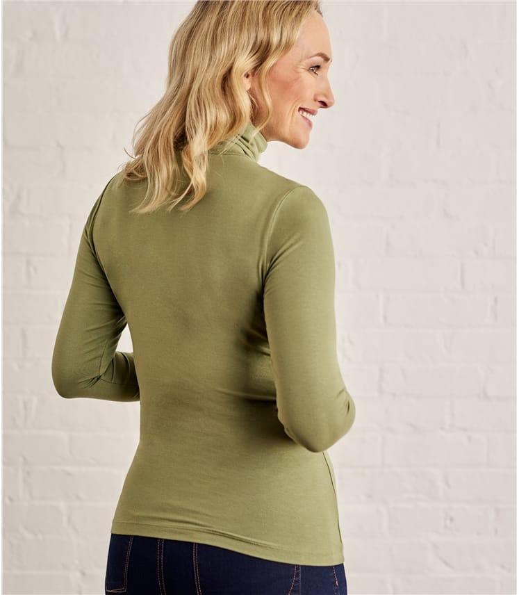 Soft Olive Womens Slim Polo Neck Top WoolOvers UK