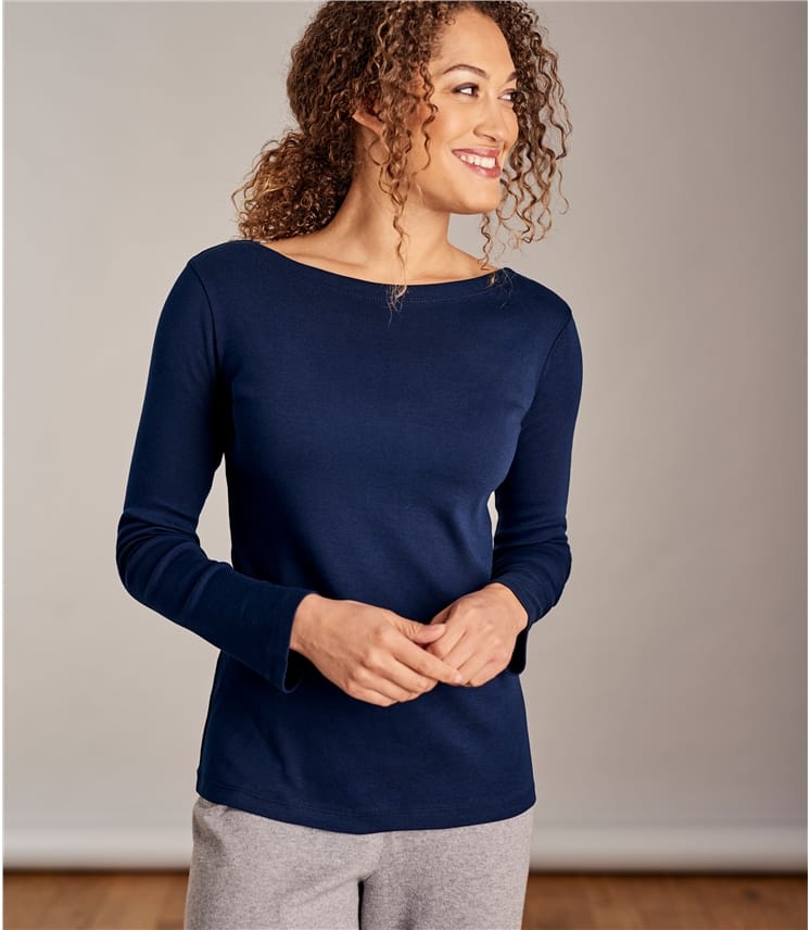 Navy | Womens Boat Neck Brushed Cotton Top | WoolOvers UK