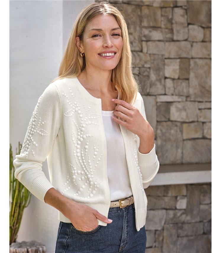 Soft White Cotton Hand Beaded Cardigan WoolOvers UK
