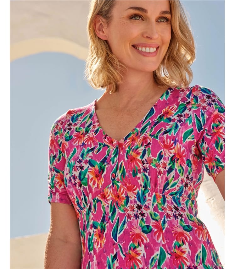Gathered Sleeve Covered Buttons Tea Dress
