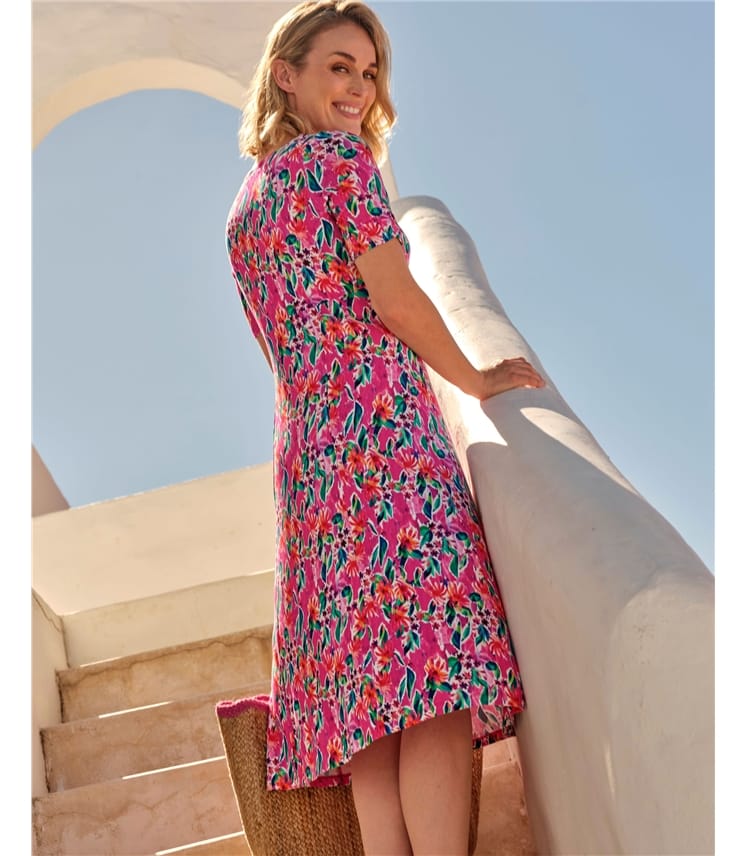 Gathered Sleeve Covered Buttons Tea Dress