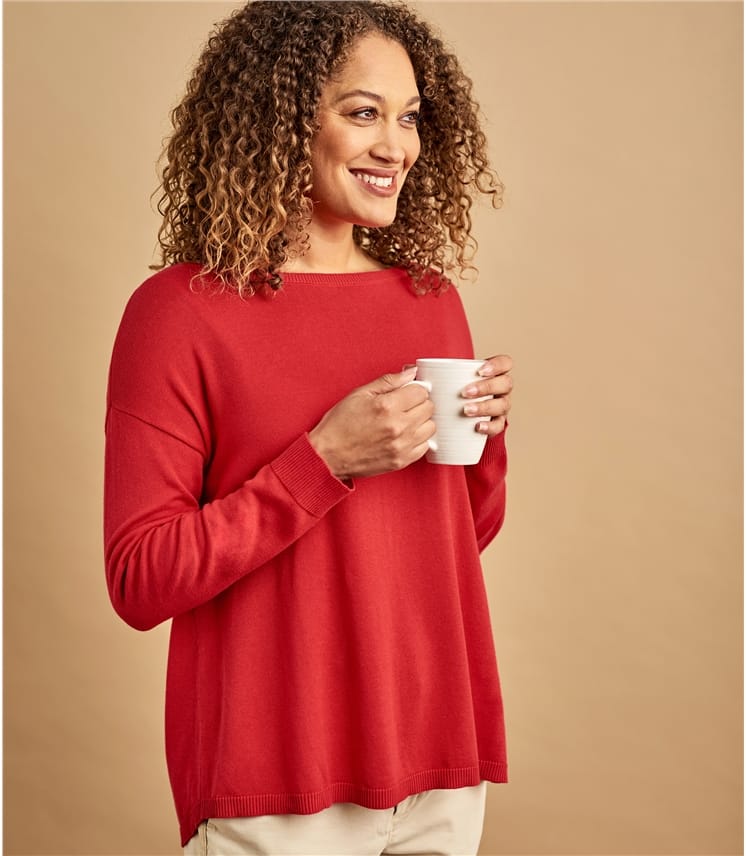 Scarlet Red Womens Cotton Blend Curved Hem Jumper WoolOvers UK