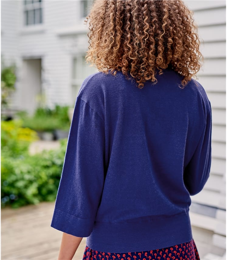 Prussian Blue Womens Linen & Cotton Blend Kimono Sleeve Top