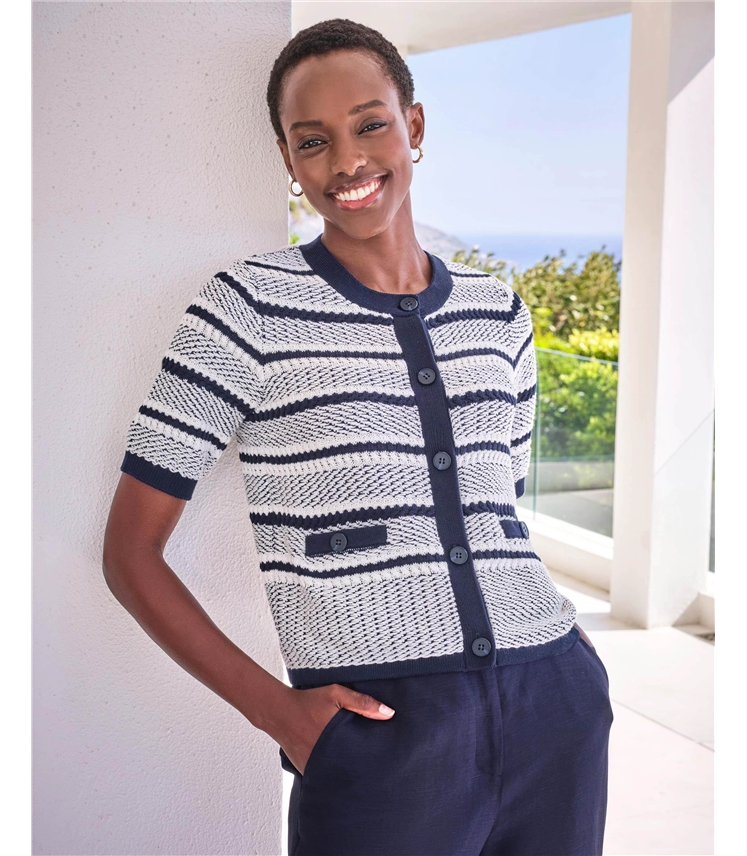 Cotton Textured Short Sleeve Stripe Cardigan