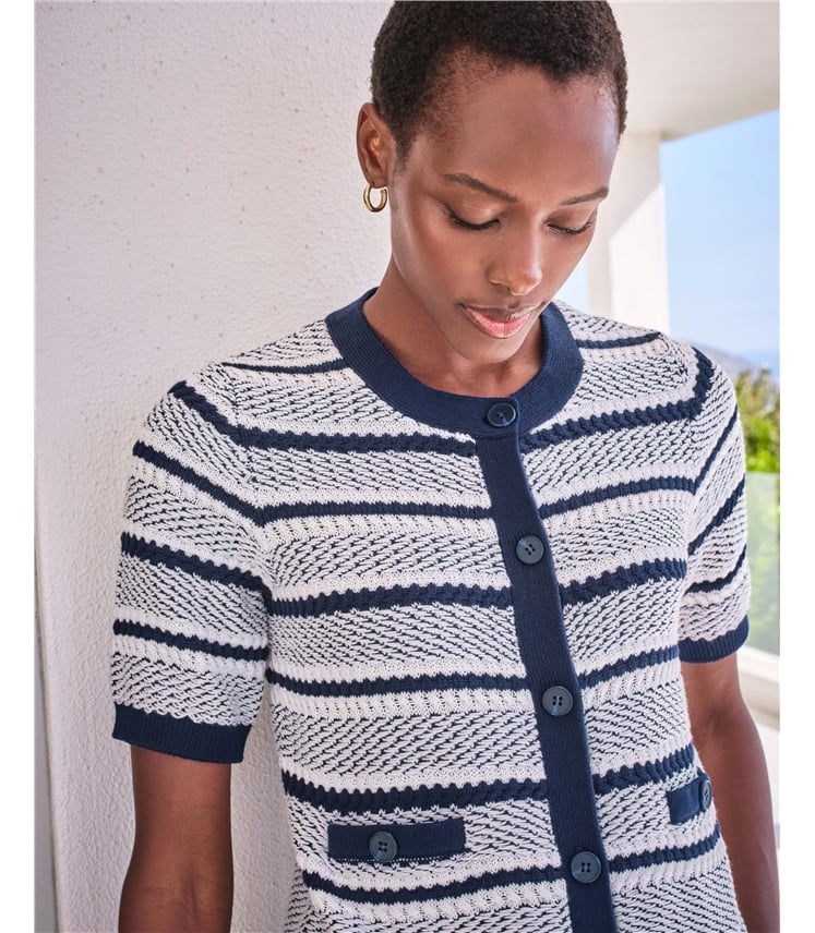 Cotton Textured Short Sleeve Stripe Cardigan