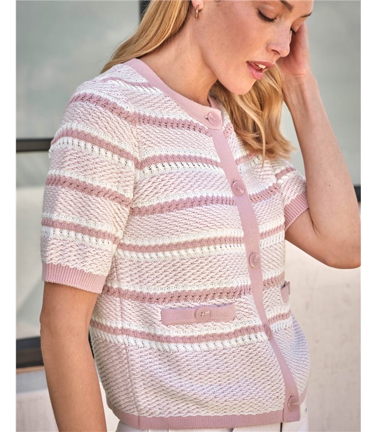 Cotton Textured Short Sleeve Stripe Cardigan