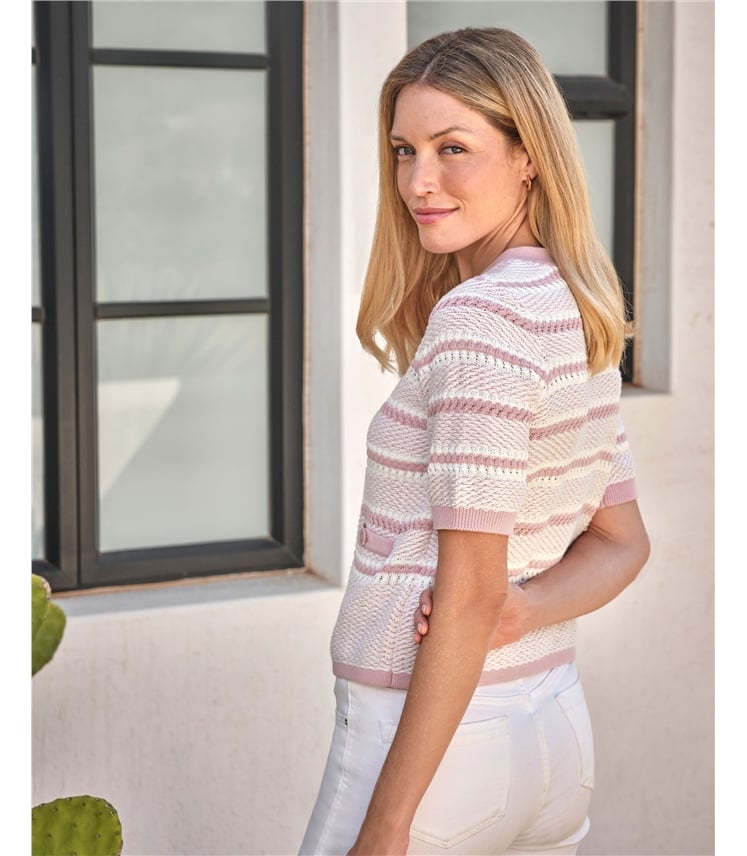 Cotton Textured Short Sleeve Stripe Cardigan