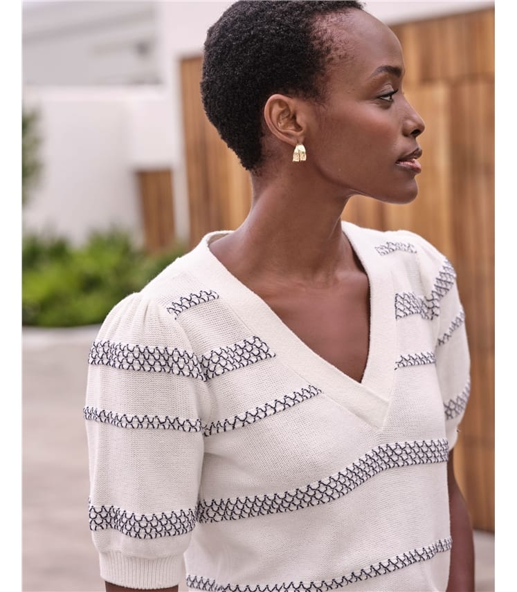 Cotton Short Sleeve Puff Stripe Sweater