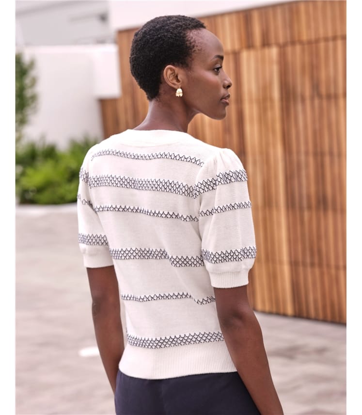 Cotton Short Sleeve Puff Stripe Sweater
