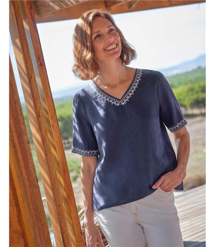 Embroidered Short Sleeve Linen Top