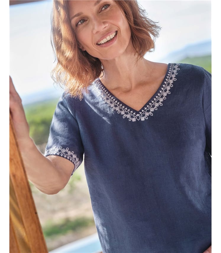 Embroidered Short Sleeve Linen Top