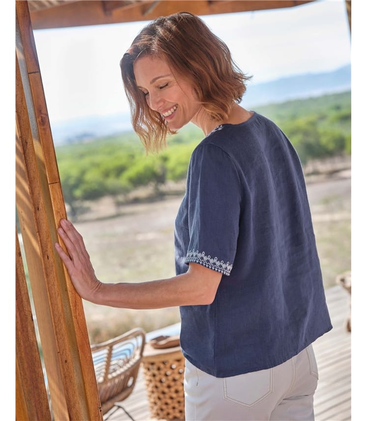 Embroidered Short Sleeve Linen Top
