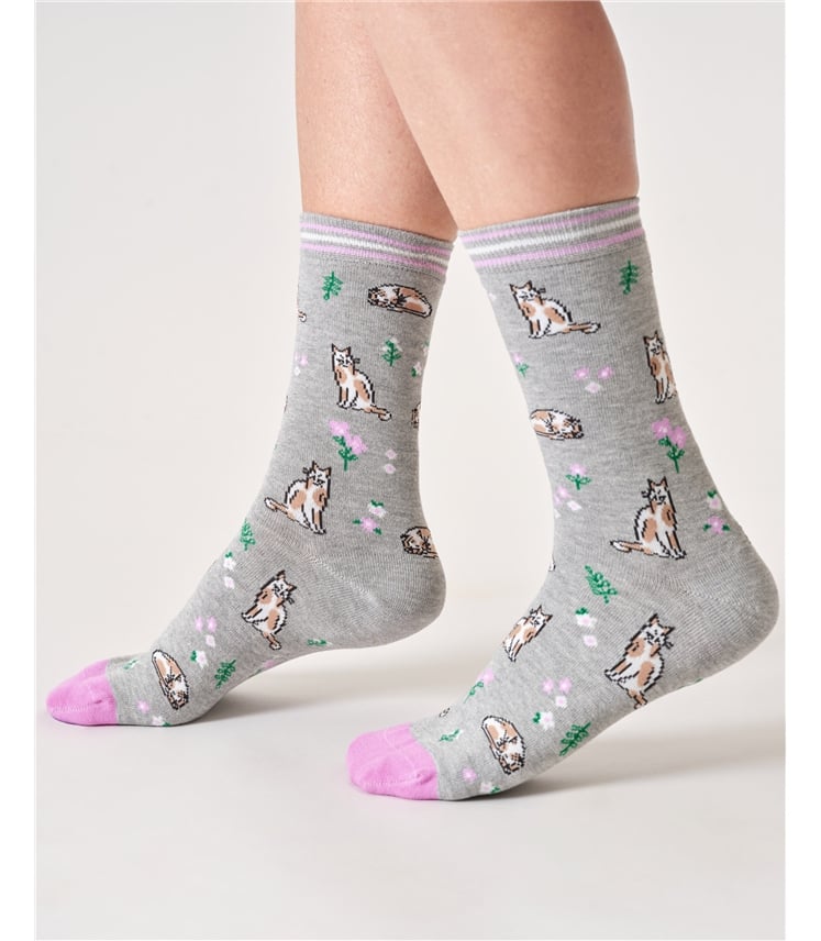 Womens Floral Cat Organic Cotton Crew Socks