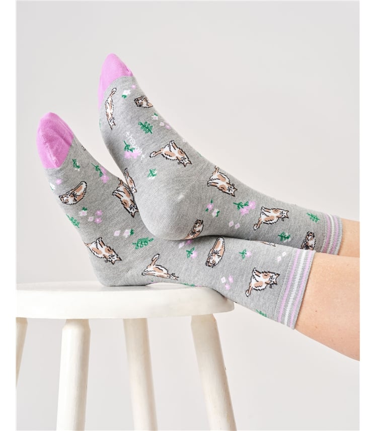 Womens Floral Cat Organic Cotton Crew Socks
