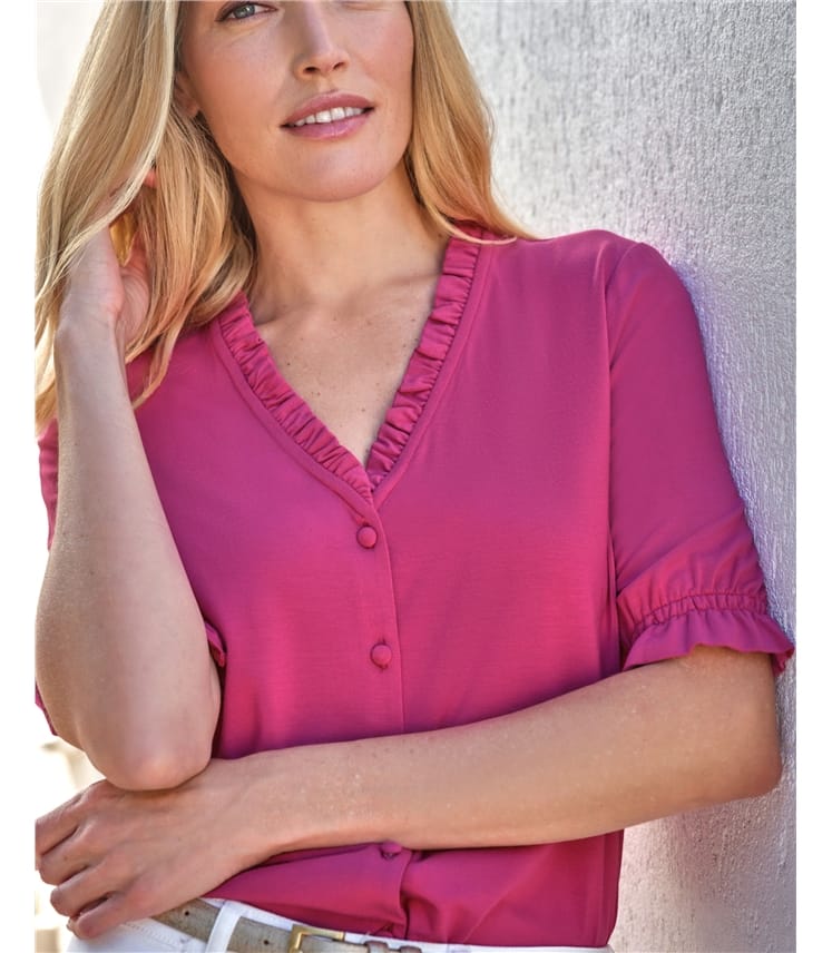 Short Sleeve Frill V Jersey Blouse