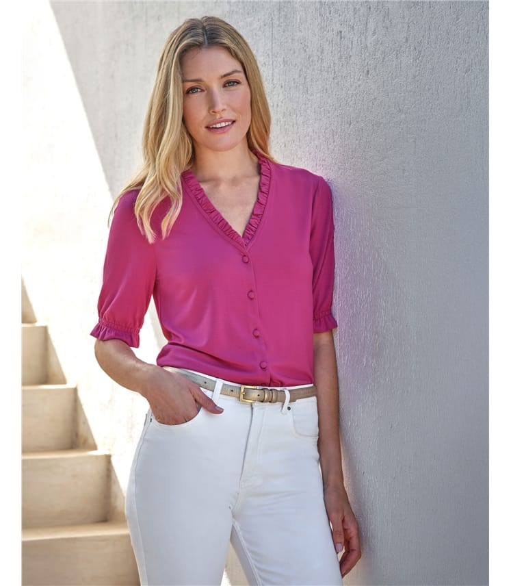 hot pink dress shirt womens Hot Pink | Short Sleeve Frill V Jersey Blouse