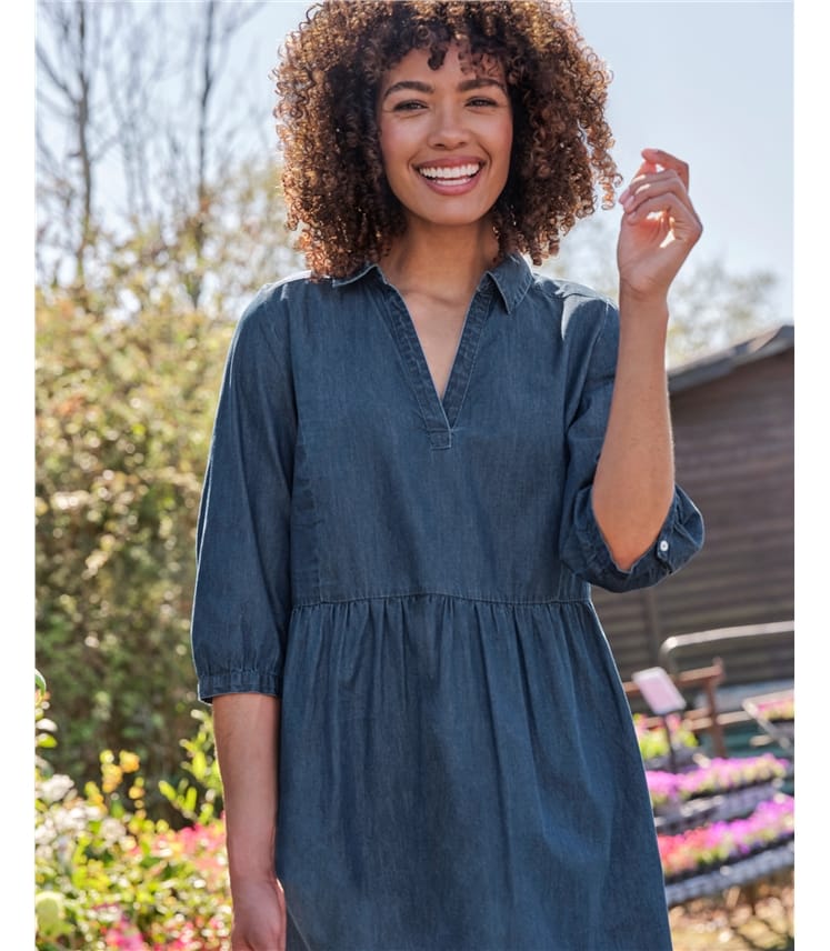 Open Collar Denim Dress