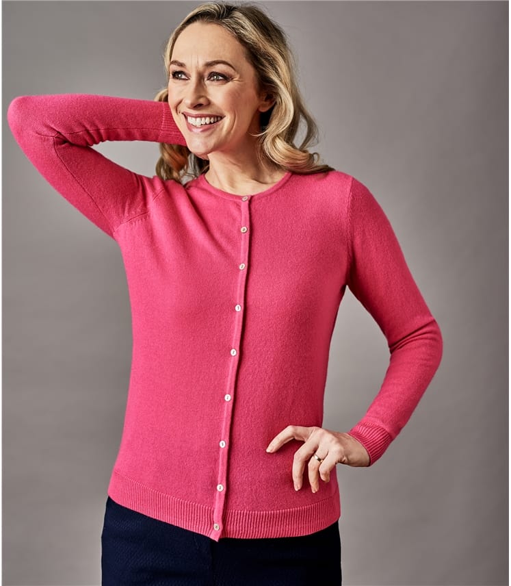 Pink Rose | Womens Pure Cashmere Crew Neck Cardigan | WoolOvers UK