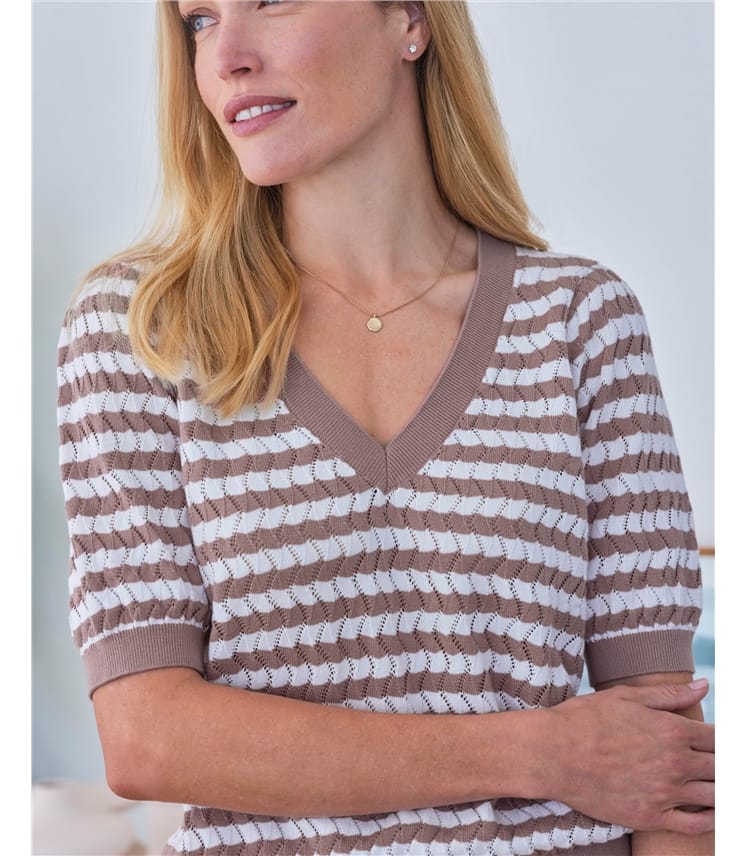 Mocha Linen Luxury Stripe Collared Top