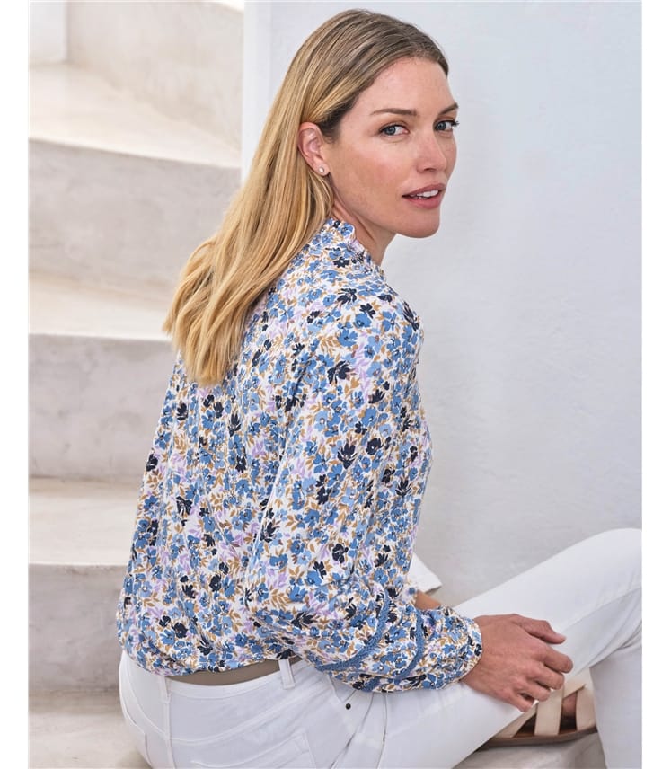 Lace Trim Printed Jersey Blouse