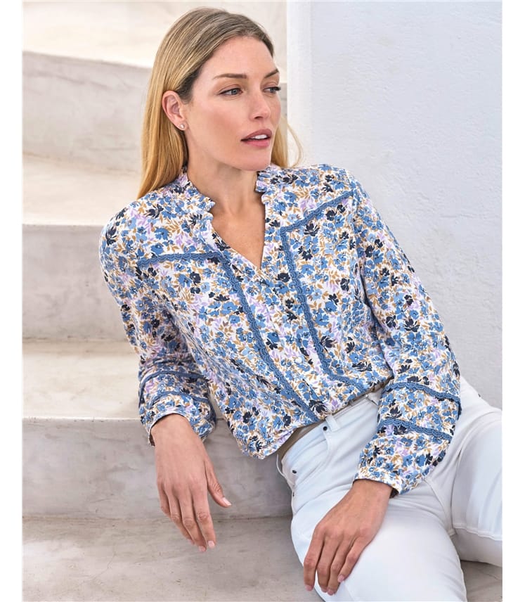 Lace Trim Printed Jersey Blouse