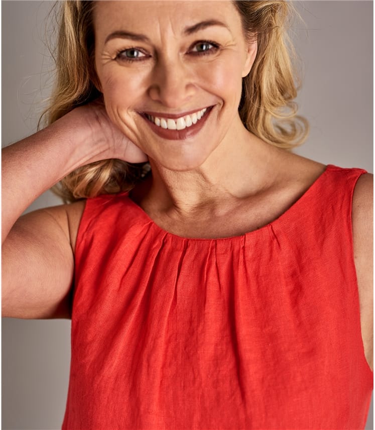 Rich Coral Womens Round Neck Sleeveless Linen Top WoolOvers UK