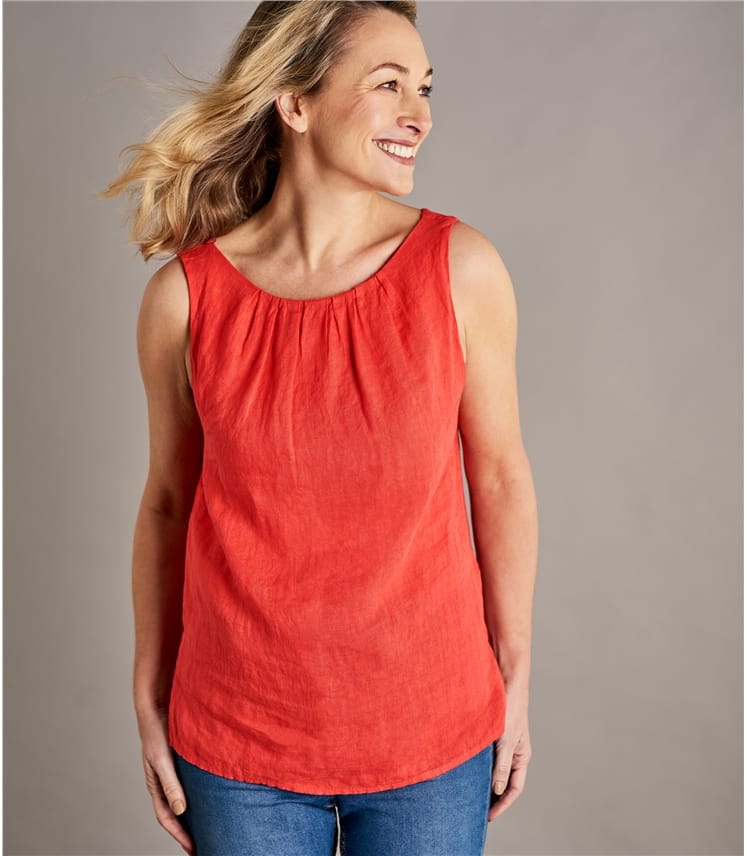 Rich Coral Womens Round Neck Sleeveless Linen Top WoolOvers UK
