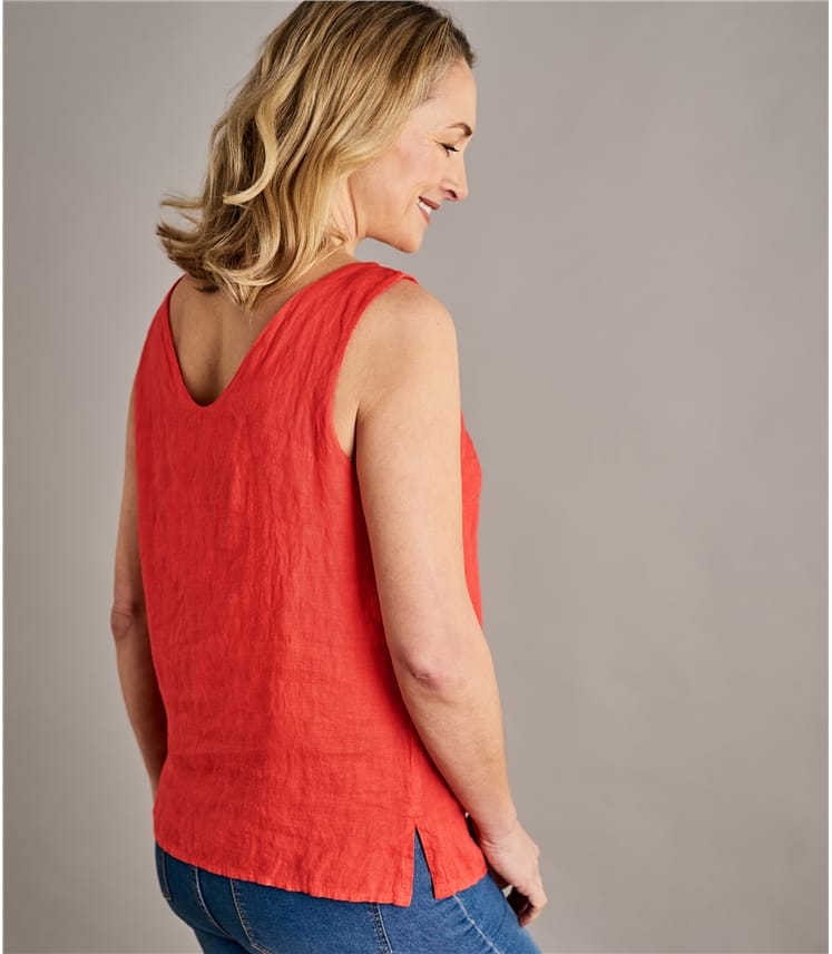 Rich Coral Womens Round Neck Sleeveless Linen Top WoolOvers AU