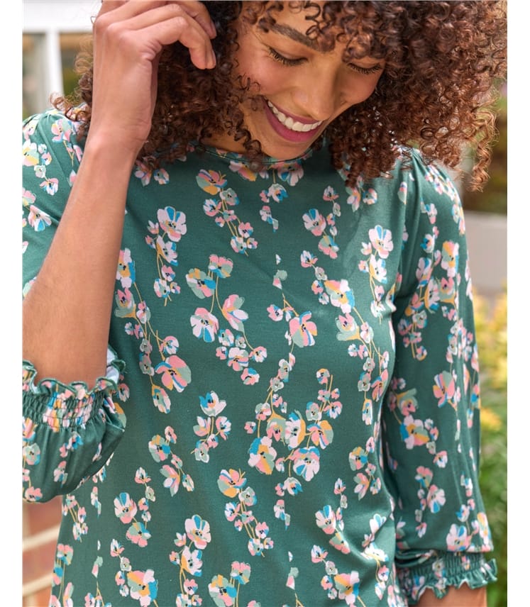 Shirred Cuff Crew Neck Top