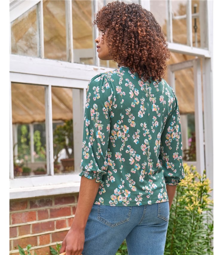 Shirred Cuff Crew Neck Top