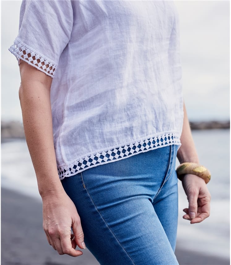 White 100 Linen Womens Lace Trim Vee Neck Linen Top