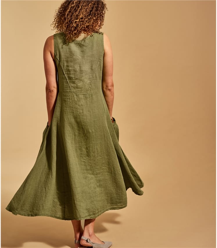 Olive 100% Linen | Womens Pocket Pinafore Dress