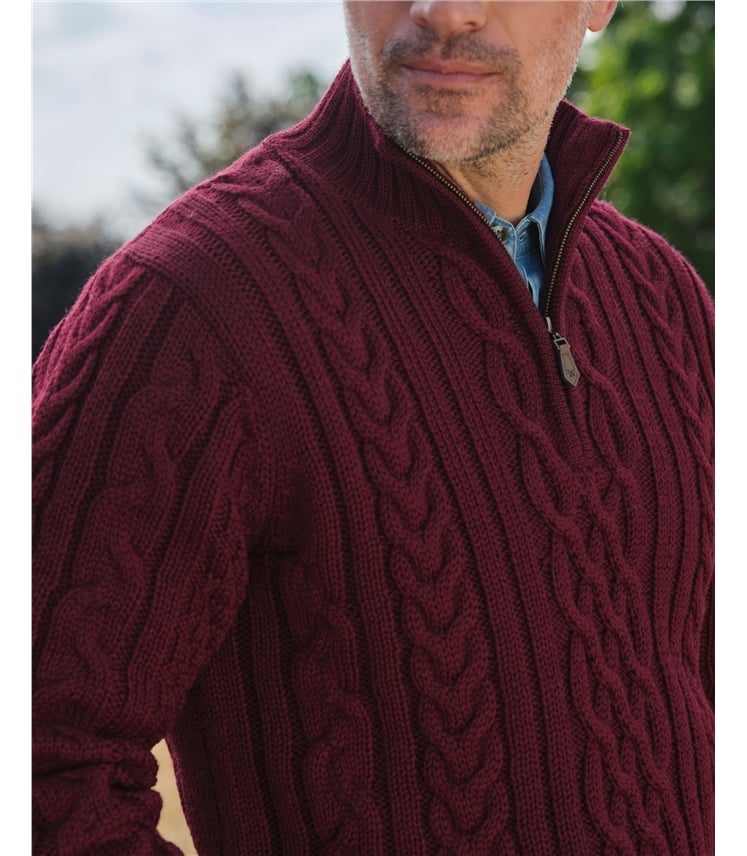 Pure Wool Knitted Aran Cable Zip Neck Jumper