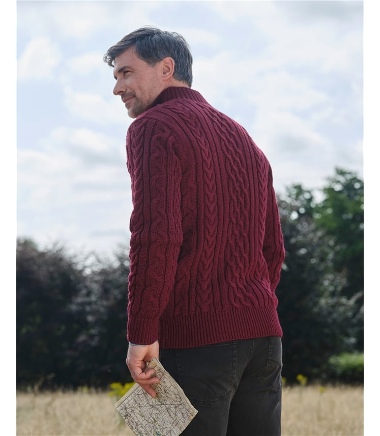 Pure Wool Knitted Aran Cable Zip Neck Jumper