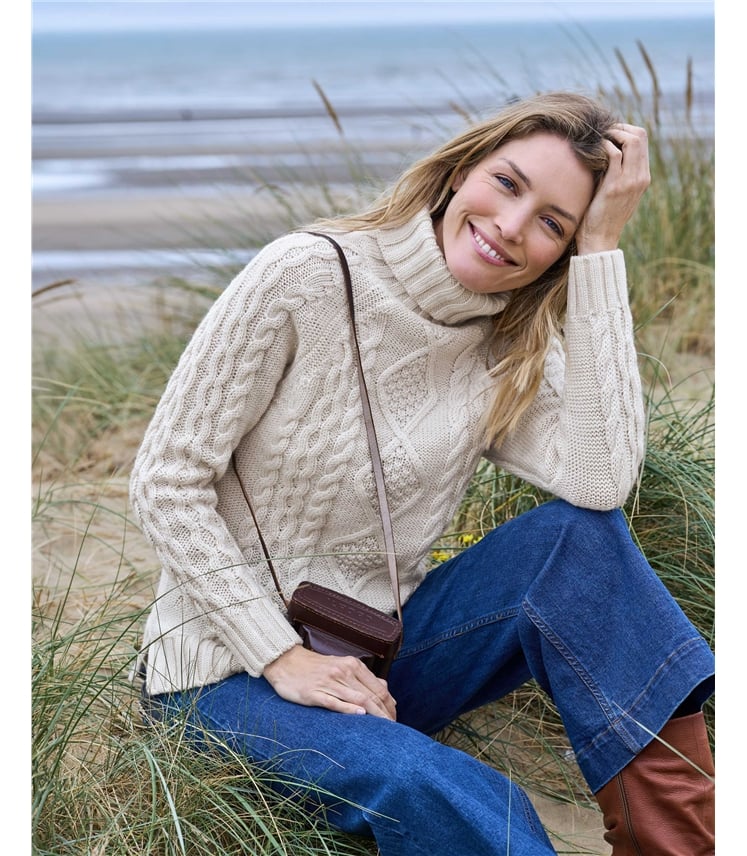 Pullover mit Aran-Zopfmuster und Rollkragen aus reiner Wolle für Damen