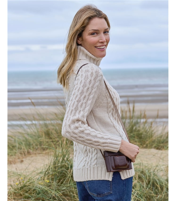 Pullover mit Aran-Zopfmuster und Rollkragen aus reiner Wolle für Damen