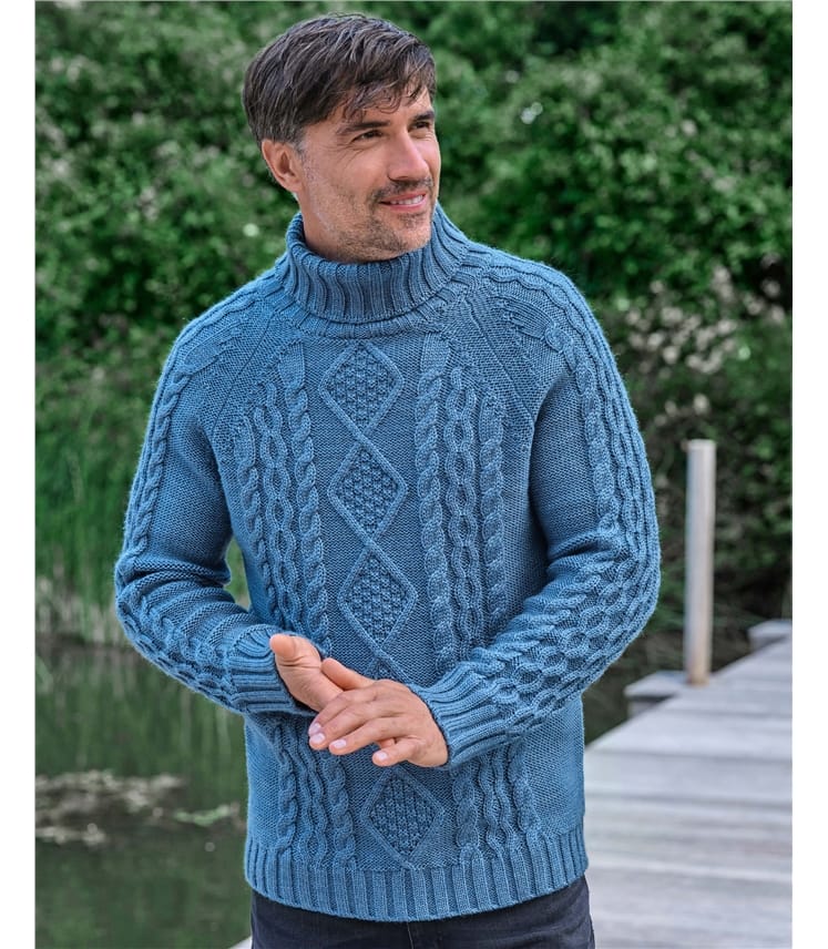 Pure Wool Knitted Aran Polo Neck Jumper